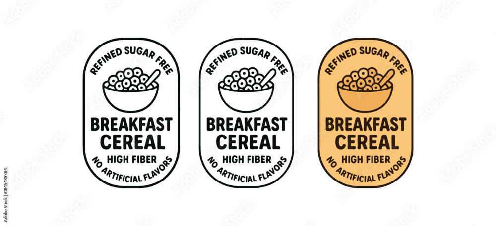 Obraz premium Flat vector illustration breakfast cereal labels with text refined sugar free high fiber no artificial flavors soft