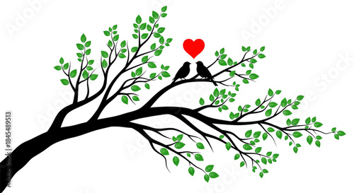 Romantic Love Birds Silhouette Perched on Tree Branch with Red Heart Symbol Illustration