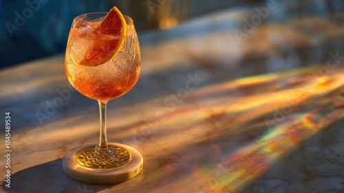 Luxurious Sarti Spritz in Crystal Wine Glass on Marble Table Bathed in Sunset Light with Rainbow Reflections, An Elegant Outdoor Terrace Cocktail for Summer Relaxation