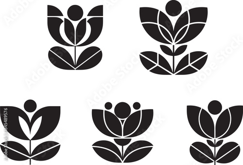 Minimalist Black Tulip Flower Icons Keywords: abstract, black, botany, bud, design, element