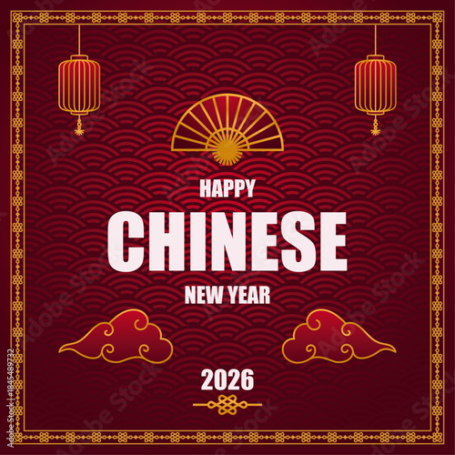 Chinese new year Vector template, ratio 1:1 variation 9. Red and gold color combination for Chinese new year fire horse. For wallpaper, greeting card, social media content,  and vector template.