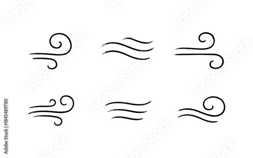 Collection of hand-drawn wind icons and symbols representing air movement
