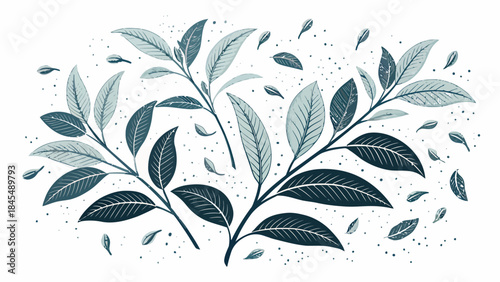 Elegant botanical illustration of leaves in shades of blue