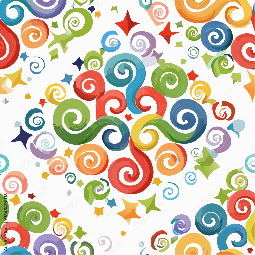 Fototapeta premium Vibrant Colorful Swirls and Stars Pattern on White Background Joyful Festive Abstract Design with Red Orange Yellow Green Blue Spirals and Geometric Shapes