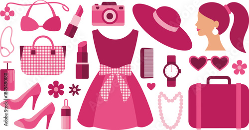 Pink women fashion accessories and outfit vector illustration set with dress shoes bag cosmetics isolated
