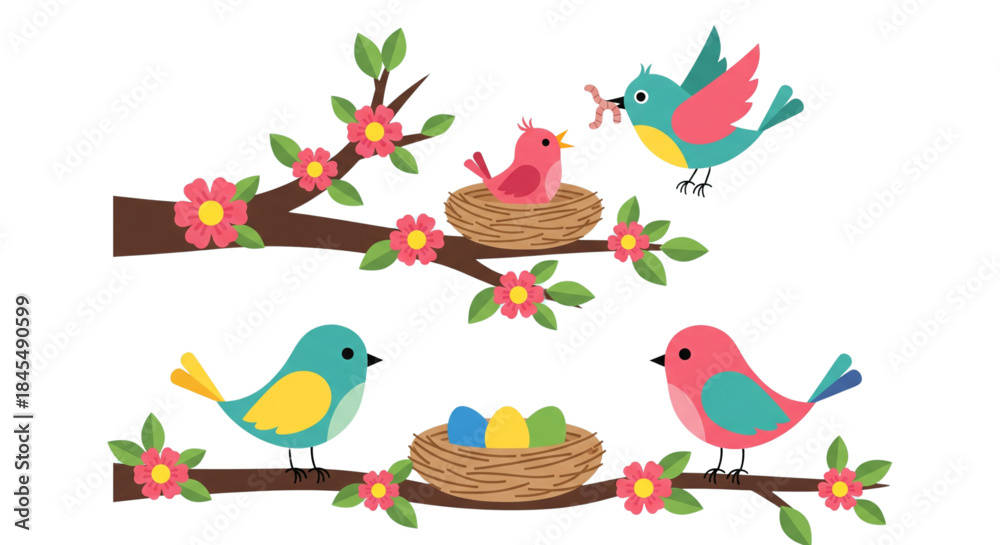 Fototapeta premium Spring Bird Family Nesting Scene for Easter Greeting Cards Website Design Nursery Decor