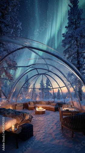 Experience northern lights from a cozy seating area in a glass dome during a winter night