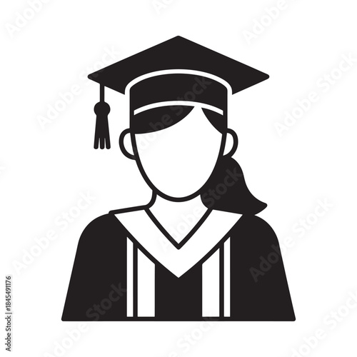 A simple black and white icon depicting a female graduation portrait