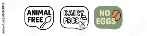 Flat vector illustration vegan product badges with text animal free dairy free no eggs