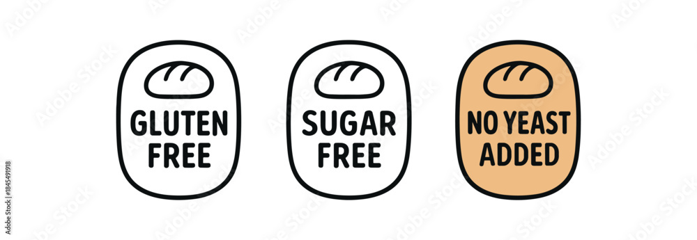 Obraz premium Flat vector illustration bakery labels with text gluten free sugar free no yeast added