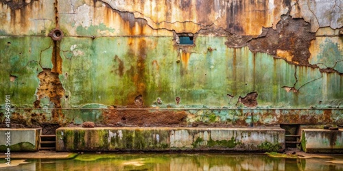 A weathered wall with a layered, multi-hued patina of green, brown, and orange, featuring cracks, holes, and a small opening, situated above a mossy concrete structure and reflected in still water.
