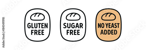Flat vector illustration bakery labels with text gluten free sugar free no yeast added