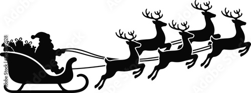 Black silhouette vector illustration of Santa Claus flying in a sleigh pulled by reindeer to deliver Christmas gifts.