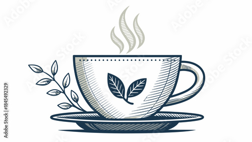 Steaming cup of tea with leaf design on a saucer