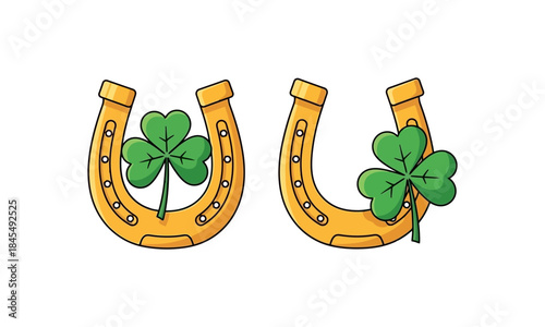 Two golden horseshoes with green shamrocks, symbolizing luck and St. Patrick's Day.