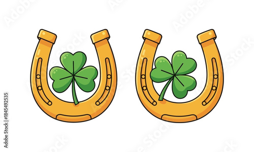 Two golden horseshoes with green shamrocks inside, a symbol of good luck and Irish heritage.