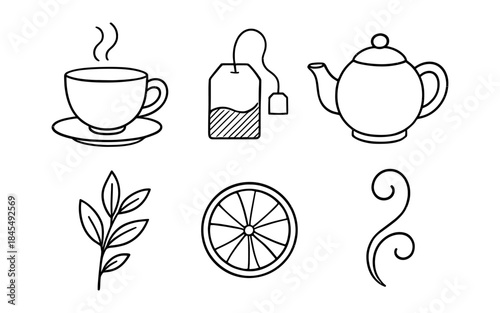 Simple line art icons for tea time and beverage preparation