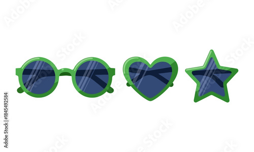 Green-framed sunglasses in round, heart, and star shapes with dark lenses on a white background.