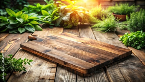 Wallpaper Mural Rustic Wooden Cutting Board Amidst Vibrant Greenery on a Weathered Wooden Table Torontodigital.ca