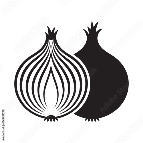 Black and white illustration of two onions detailed and stylized design