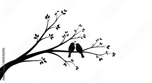 Minimalist Black Silhouette Two Birds Perched on Tree Branch Romance Love Design Element