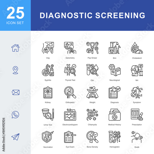 A Diagnostic Screening icon set featuring ultrasound, MRI, blood tests, pap smear, spirometry, urine test, vaccination, medical history, and clinical evaluations for accurate health assessment.