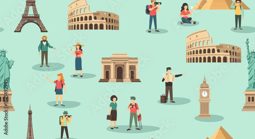 Illustration of tourists visiting different world landmarks.