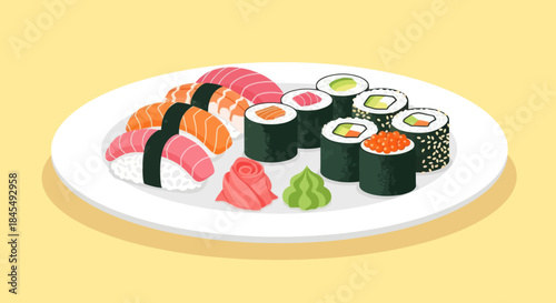 Illustration of a colorful sushi set on a white plate.