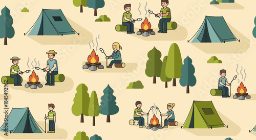 People enjoy camping with campfire in the nature.