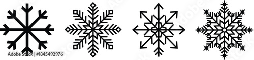Four distinct black and white snowflake icons representing winter, cold, Christmas, weather, ice, and seasonal holidays in a clean, isolated vector graphic set.