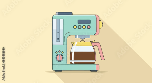 A colorful cartoon coffee maker on a plain background.