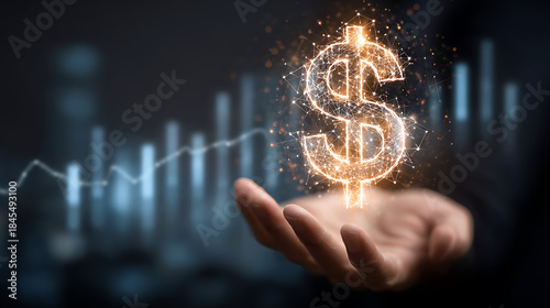 Glowing digital dollar symbol hovering over open palm against financial graph finance technology