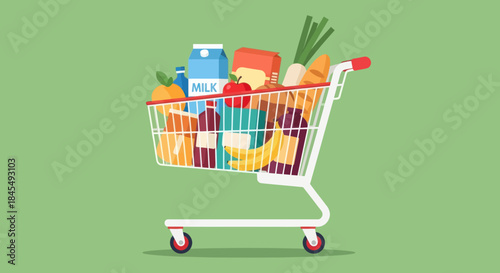Full grocery shopping cart filled with food items.