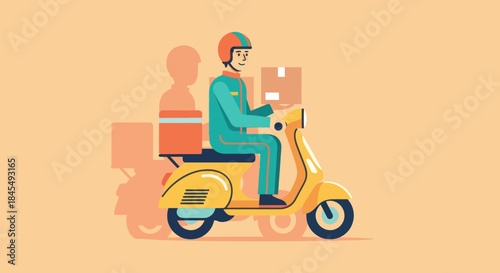 A delivery man rides a scooter with a parcel.