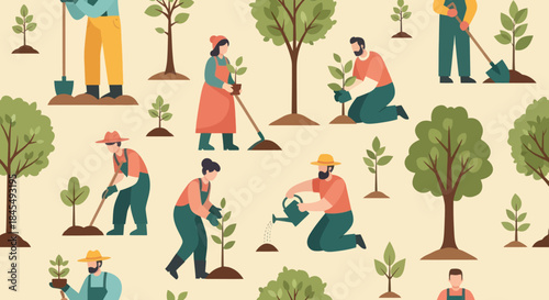 People are planting trees and gardening in the spring.