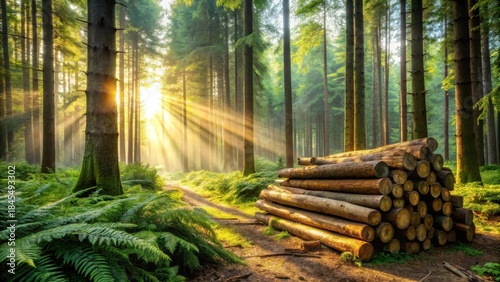 Golden sun rays illuminate a tranquil woodland path, where a stack of freshly cut logs rests beside lush ferns, creating a serene and picturesque scene.