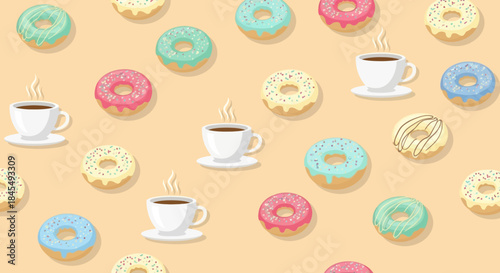 Pattern of colorful donuts with cups of hot coffee on a peach background.