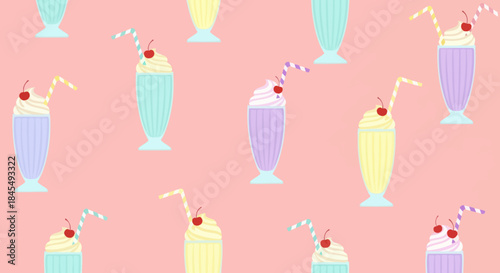 Seamless pattern of colorful milkshakes with cherries and straws.
