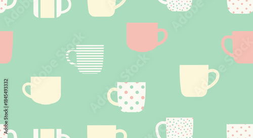Cute seamless pattern with colorful coffee cups on a mint green background.