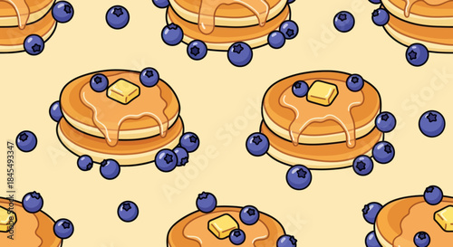 Seamless pattern of pancakes with blueberries and syrup.