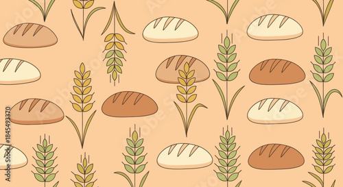 Seamless pattern of wheat and bread on a beige background.