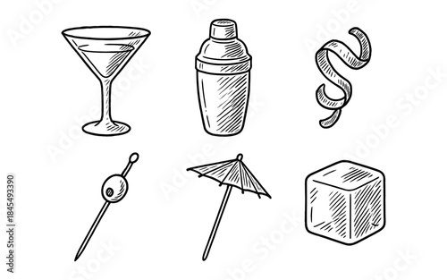 Hand-drawn cocktail ingredients and bar tools collection