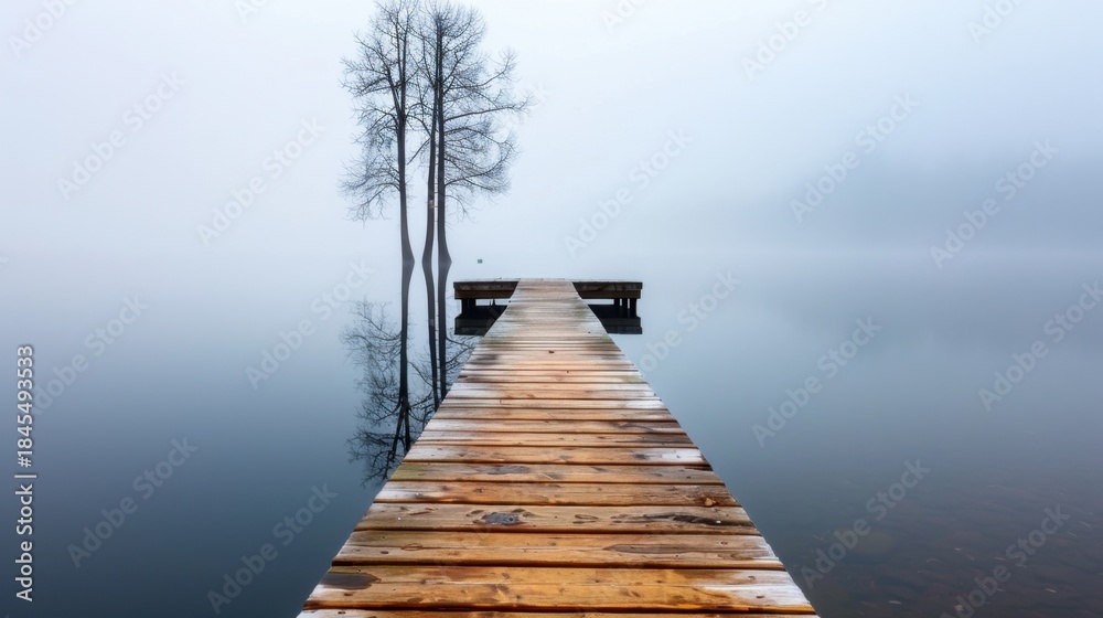 Fototapeta premium Serene Wooden Pier Extending Into Foggy Lake Surrounded by Bare Tree in Still Water Reflection