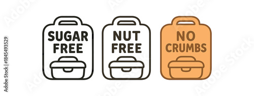 Flat vector illustration lunchbox badges with text sugar free nut free no crumbs