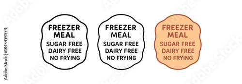 Flat vector illustration freezer meal labels with text sugar free dairy free no frying soft