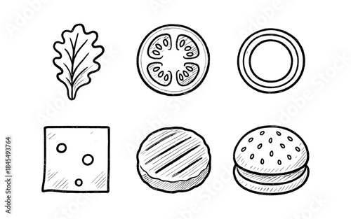 Hand drawn burger ingredients arranged in a grid on a white background