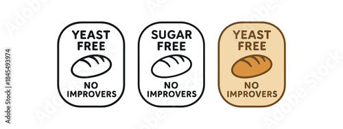 Flat vector illustration bread labels with text yeast free sugar free no improvers soft