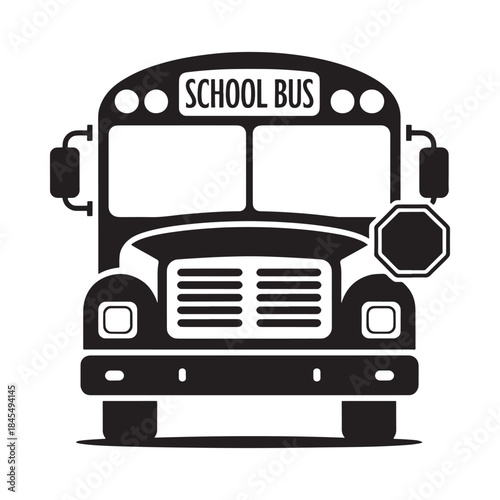 A simple black and white illustration of a classic school bus design