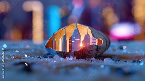 Surreal Cityscape Within a Shell Against a Colorful Urban Night Background