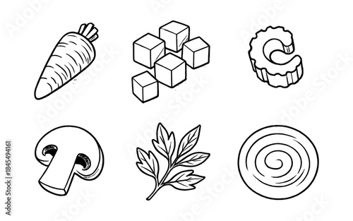 Hand-drawn collection of six different food ingredients in black and white outline style